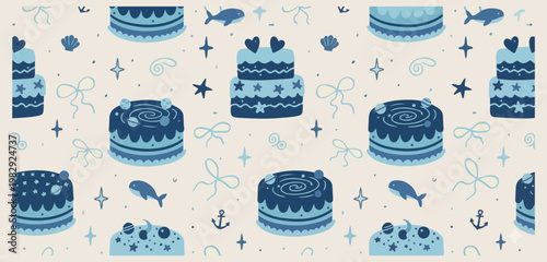 wedding cake and party celebration seamless pattern, hand drawn anniversary and love background, minimalist blue and white event design, aesthetic romantic celebration textile art, professional weddin