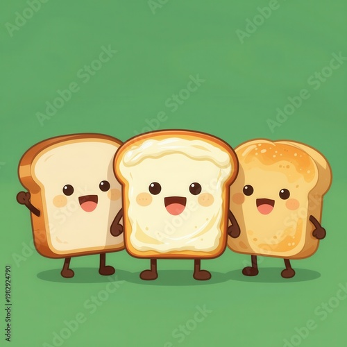Three Cute Cartoon Toast Slices with Smiling Faces and Arms Standing Together in a Friendly Group Illustration on a Solid Green Background.