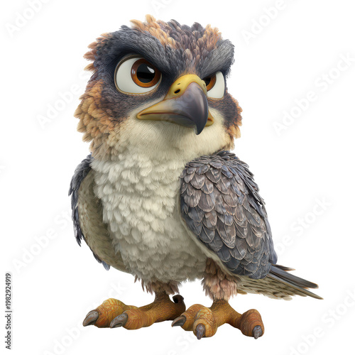 Cartoon owl character with unique features and expressions posing in a simple setting