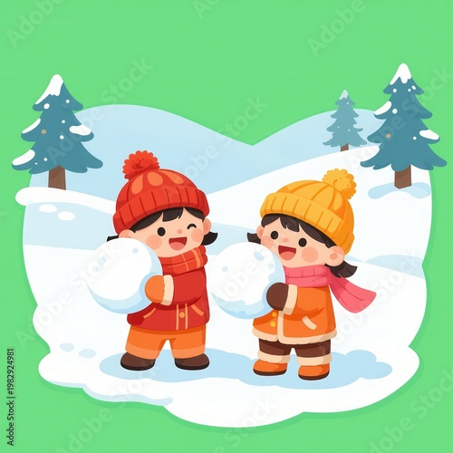Two Children Playing with Snowballs in Winter Scene