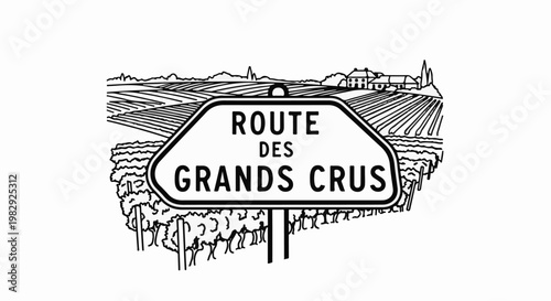 A black and white illustration of a vineyard with a sign indicating a wine route