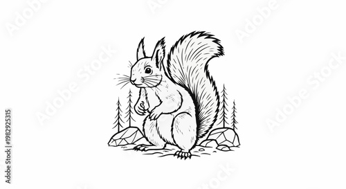 A black and white illustration of a squirrel sitting among trees and rocks