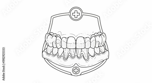A black and white line drawing of a human dental model with a medical symbol