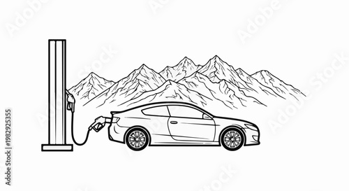 A car is being refueled at a gas station with mountains in the background