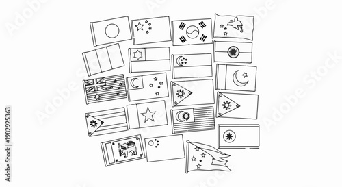 A collection of flag illustrations, mostly national symbols, arranged haphazardly