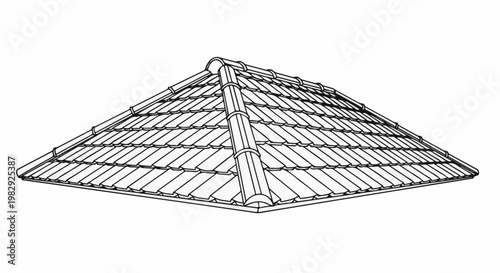 A detailed line drawing of a hipped roof covered in curved tiles