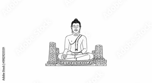 A stylized black and white illustration of a seated Buddha figure