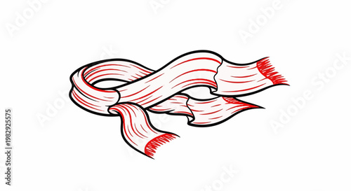 A stylized red and white striped scarf with fringed ends