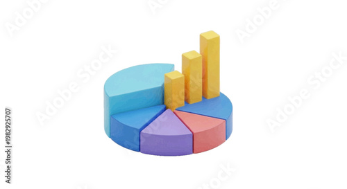 Vector illustration of 3d pie chart with rising bar graph on a transparent background