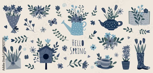 hello spring garden floral seamless pattern, hand drawn watering can and birdhouse illustration, minimalist nature flowers background, aesthetic spring garden textile design, professional gardening gr