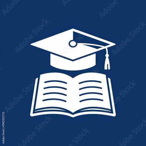 White Flat Vector Icon of a Graduation Cap and Open Book Isolated on Dark Blue Background
