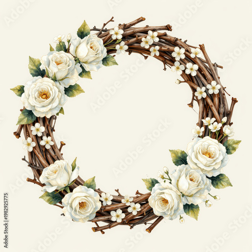 White Floral Wreath Made of Roses and Blossoms on Rustic Twigs
