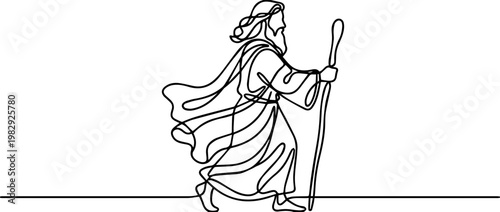 Continuous line drawing of Moses walking with a staff. Minimalist biblical character vector illustration. Single stroke outline design isolated on white background