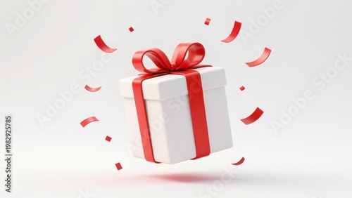 White Gift Box with Red Ribbon and Bow Isolated on White Background with Confetti