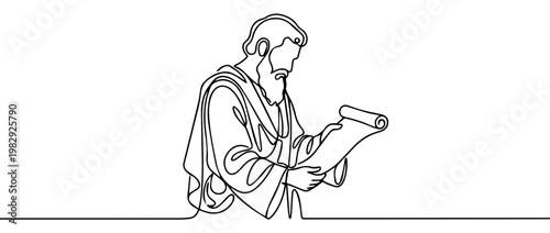 Continuous one line drawing of a biblical prophet reading a scroll. Minimalist vector illustration of a religious preacher