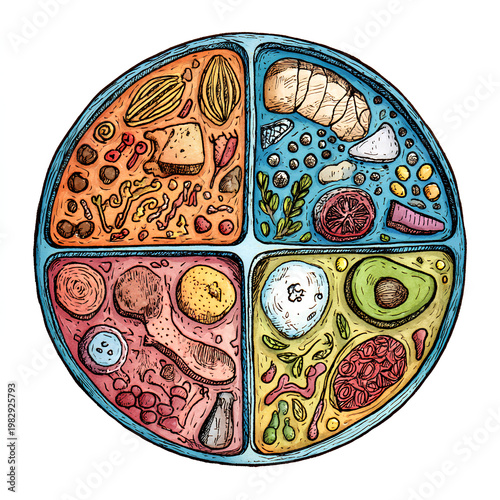 Hand drawn metabolic plate divided into protein carbs fats showcasing simple doodle style nutrition balance concept