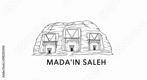 Line art depiction of ancient tomb facades carved into a rocky cliff