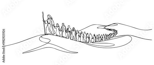 Moses leading Israelites through the desert continuous line drawing. Biblical exodus landscape vector illustration. Minimalist single stroke outline isolated on white background