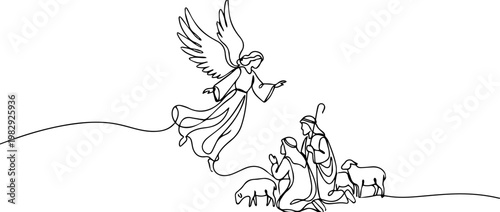 Angel appearing to kneeling shepherds continuous line drawing. Minimalist biblical Christmas nativity vector illustration. Single line art graphic isolated on white background