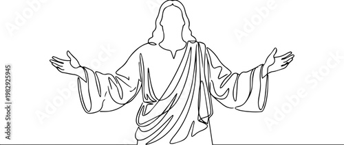 Continuous one line drawing of Jesus Christ with open arms. Minimalist vector illustration of the Christian savior