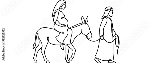 Continuous line drawing of pregnant Mary on a donkey led by Joseph. Biblical nativity story concept. Minimalist vector illustration