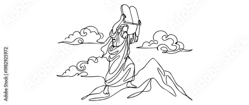 Moses lifting the Ten Commandments high on Mount Sinai. Continuous one line drawing vector illustration