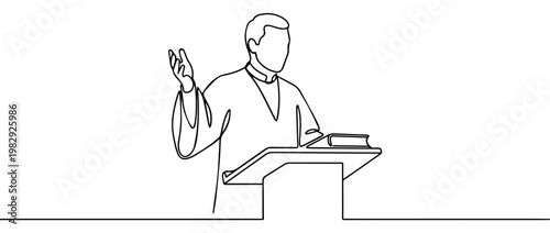 Continuous one line drawing of a pastor preaching at a podium. Minimalist vector illustration of a church sermon