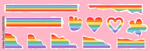 Queer Pride sticker pack with torn paper rainbow texture. LGBTQ scrapbook element, ripped edge paper heart and flower graphic, inclusive DIY pride month craft kit for digital journaling. Vector.