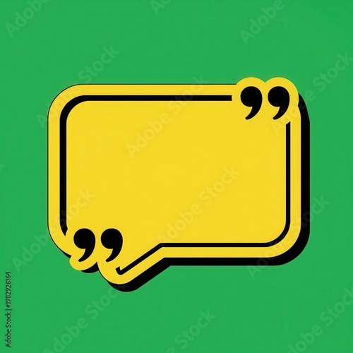 Yellow Speech Bubble Icon with Quotation Marks and Black Outline on Green Background for Text and Messaging