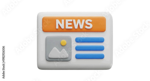 Vector illustration of 3d render of a news icon with a headline, image placeholder, and text lines on a transparent background