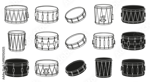 Set of Diverse Snare Drums - Black and White Illustrations