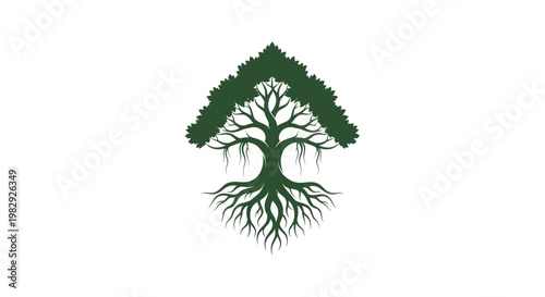 Stylized Green Tree Icon with Exposed Roots and Canopy on White Background