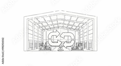 Warehouse interior with forklifts and a large recycling symbol