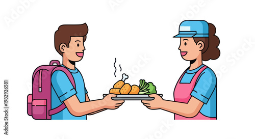 Delivery Person Hands Hot Food Plate to Customer, Food Service Illustration