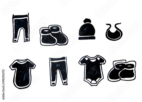 Transparent PNG available
Flat design top view baby clothing icon set showing bodysuit bib pants booties socks and pompom hat simple bold monochrome