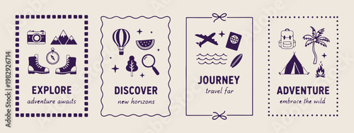 discover and journey minimalist travel cards, hand drawn wanderlust and vacation design, aesthetic adventure and exploration labels, modern simple travel and luggage illustration, professional graphic