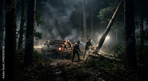 Two Men Working Together to Cut Down a Tree in a Foggy Forest with Pickup Truck Loaded with Timber