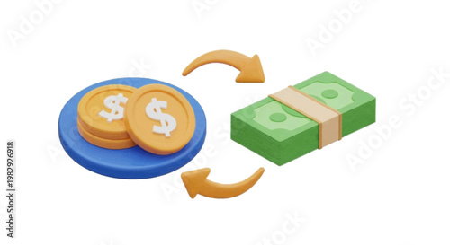 Vector illustration of 3d illustration of currency exchange between gold coins and paper money stack on a transparent background