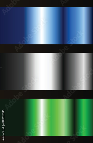 Metallic gradient vector banner set. Three horizontal shiny ribbons feature blue silver and green colors. Dark background.