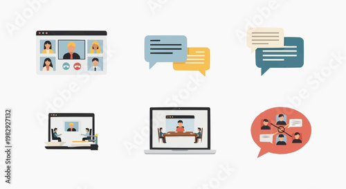 business icons set Remote Team Collaboration Icon Set – Video Call, Chat, Laptop, Communication Flat Vector Minimal Icons