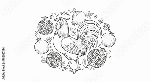 Detailed line drawing of a proud rooster surrounded by pomegranates and berries