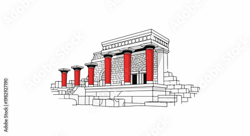 Ancient stone structure with striking red pillars and detailed stonework
