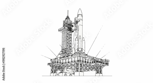 Detailed sketch of a large rocket on a complex launch platform against a white background
