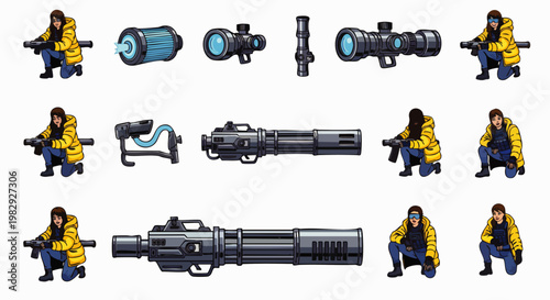 Pixel Art Character with Futuristic Weapons and Scopes, Sci-Fi Game Assets, Retro Gaming Style