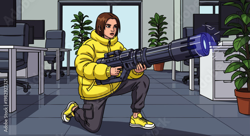 Young woman in yellow puffer jacket holding a large futuristic Gatling gun in an office setting, cartoon style