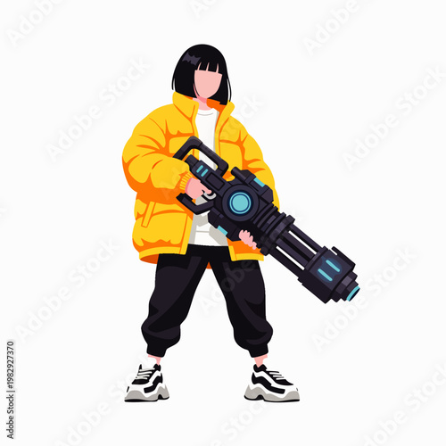 Stylized illustration of a person in a yellow puffer jacket holding a futuristic minigun weapon