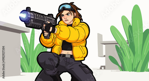 Young woman in yellow puffer jacket aiming futuristic laser gun, action pose, cartoon style, white background