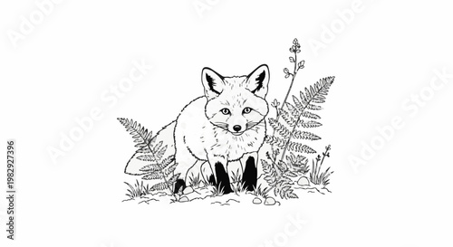 Line drawing of a fox peering through ferns and grass