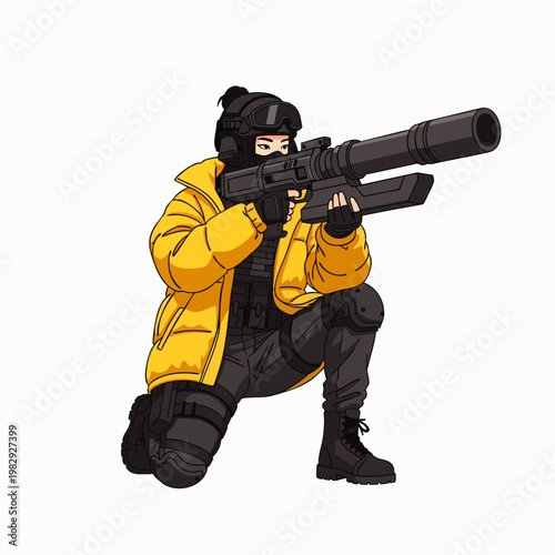 Female soldier in tactical gear and yellow puffer jacket aiming a rocket launcher, illustration for military or action themes