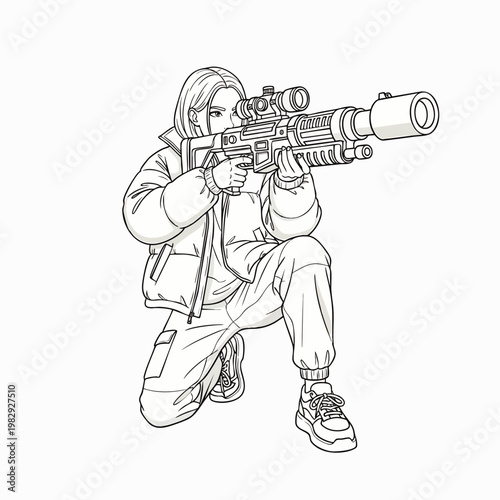Young woman in puffer jacket and cargo pants aiming a sniper rifle with scope, kneeling pose, line art illustration